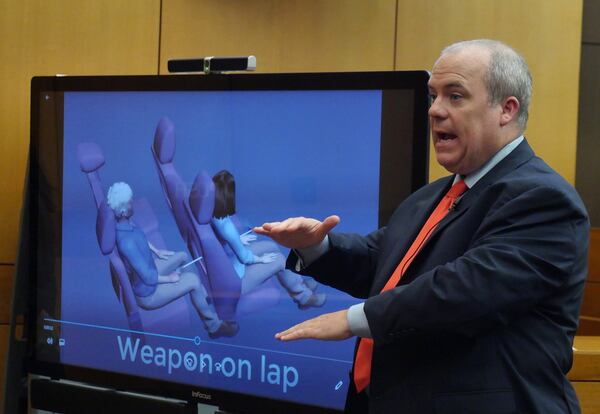 Michael Knox, a forensics expert who specializes in crime scene reconstruction, explains how the fatal bullet moved through the SUV seat and into Diane McIver during Day 13 of the Tex McIver murder trial at Fulton County Courthouse on Thursday, March 28, 2018. HYOSUB SHIN / HSHIN@AJC.COM
