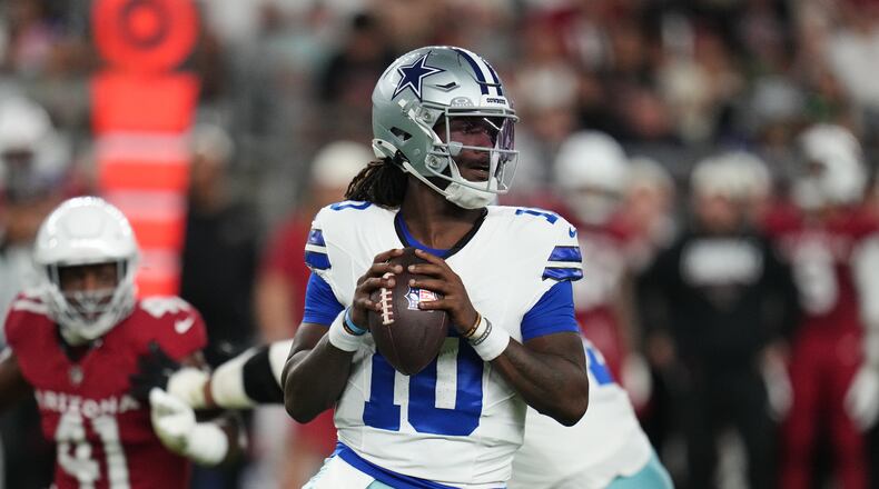 Dallas Cowboys quarterback Joe Milton III (10) drops back to pass in the first half of a preseason NFL football game against the Arizona Cardinals Saturday, Aug. 22, 2026, in Glendale, Ariz. (AP Photo/Rick Scuteri)