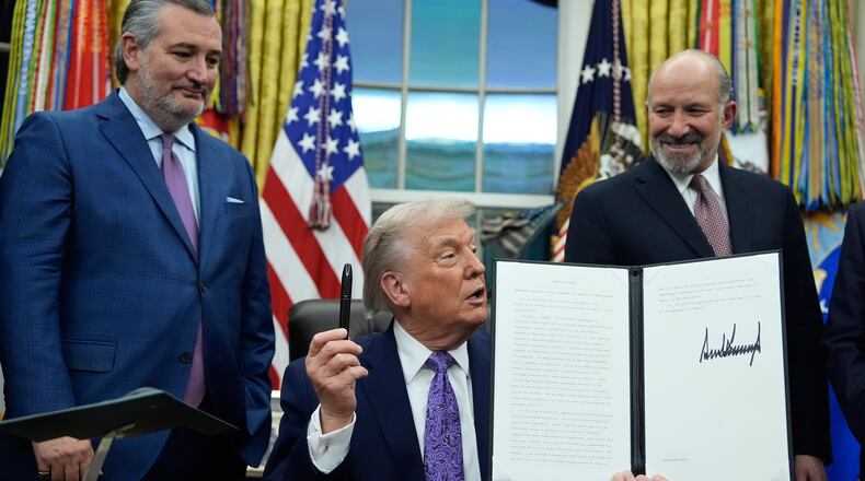 Flanked by Sen. Ted Cruz R-Texas, left, and Secretary of Commerce Howard Lutnick, President Donald Trump displays his signed AI initiative in the Oval Office of the White House, Thursday, Dec. 11, 2025, in Washington. (AP Photo/Alex Brandon)