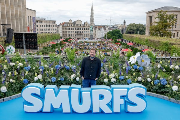 James Corden poses for photographers upon arrival at the world premiere of the film "Smurfs", on Saturday, June 28, 2025, in Brussels. (AP Photo/Omar Havana).