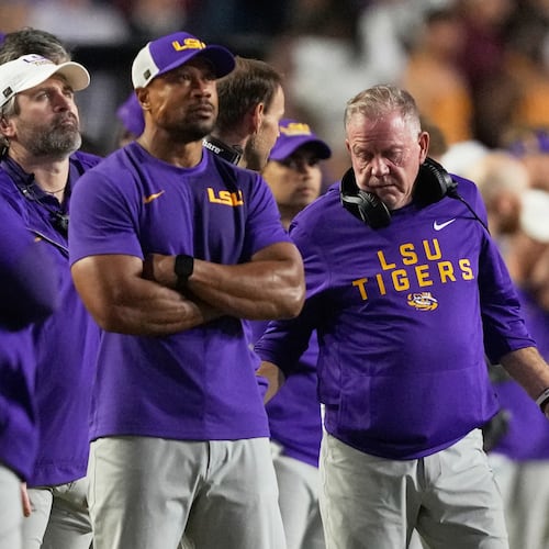 LSU head coach Brian Kelly talks on the sideline in the second half of an NCAA college football game against Texas A&M, Saturday, Oct. 25, 2025 in Baton Rouge, La. (AP Photo/Gerald Herbert)