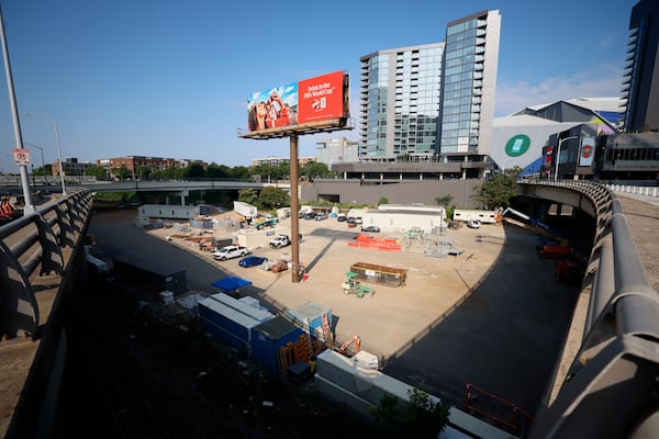 Centennial Yards aims to build a 12-story apartment tower along with retail space on a downtown Atlanta site currently beneath the surrounding city viaducts. This is the site as of June 30, 2026. (Miguel Martinez/AJC)