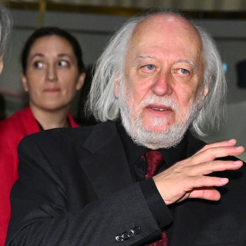 László Krasznahorkai, laureate in literature, speaks during the signing of the Nobel chair at the Nobel Museum in Stockholm, Sweden, Saturday, Dec. 6, 2025. (Claudio Bresciani/TT News Agency via AP)