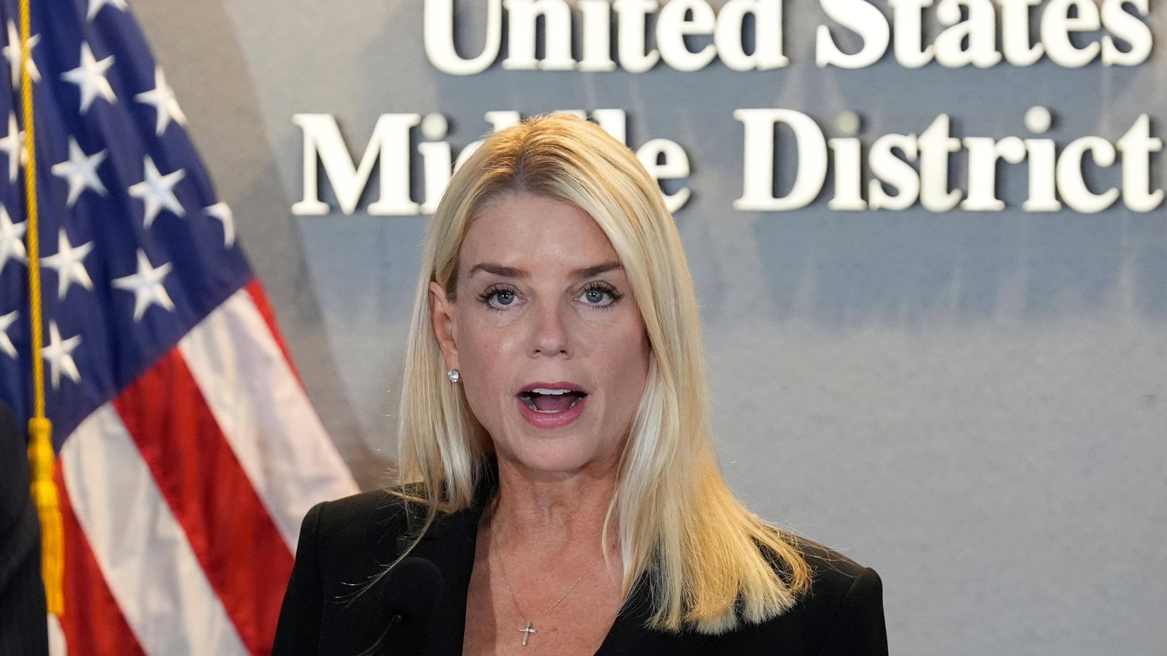Attorney General Pam Bondi speaks during a human smuggling news conference Thursday Sept. 4, 2025, in Tampa, Fla. (AP Photo/Chris O'Meara)