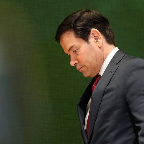 United States Secretary of State Marco Rubio walks down stairs after a meeting during the Annual Meeting of the World Economic Forum in Davos, Switzerland, Wednesday, Jan. 21, 2026. (AP Photo/Markus Schreiber)