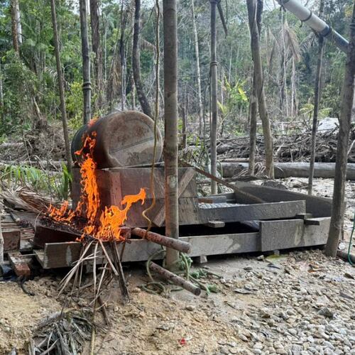 This image provided by Interpol shows an illegal gold mining site on Dec. 18, 2025, in the Upper Takutu-Upper Esequibo region of Guyana. (Interpol via AP)