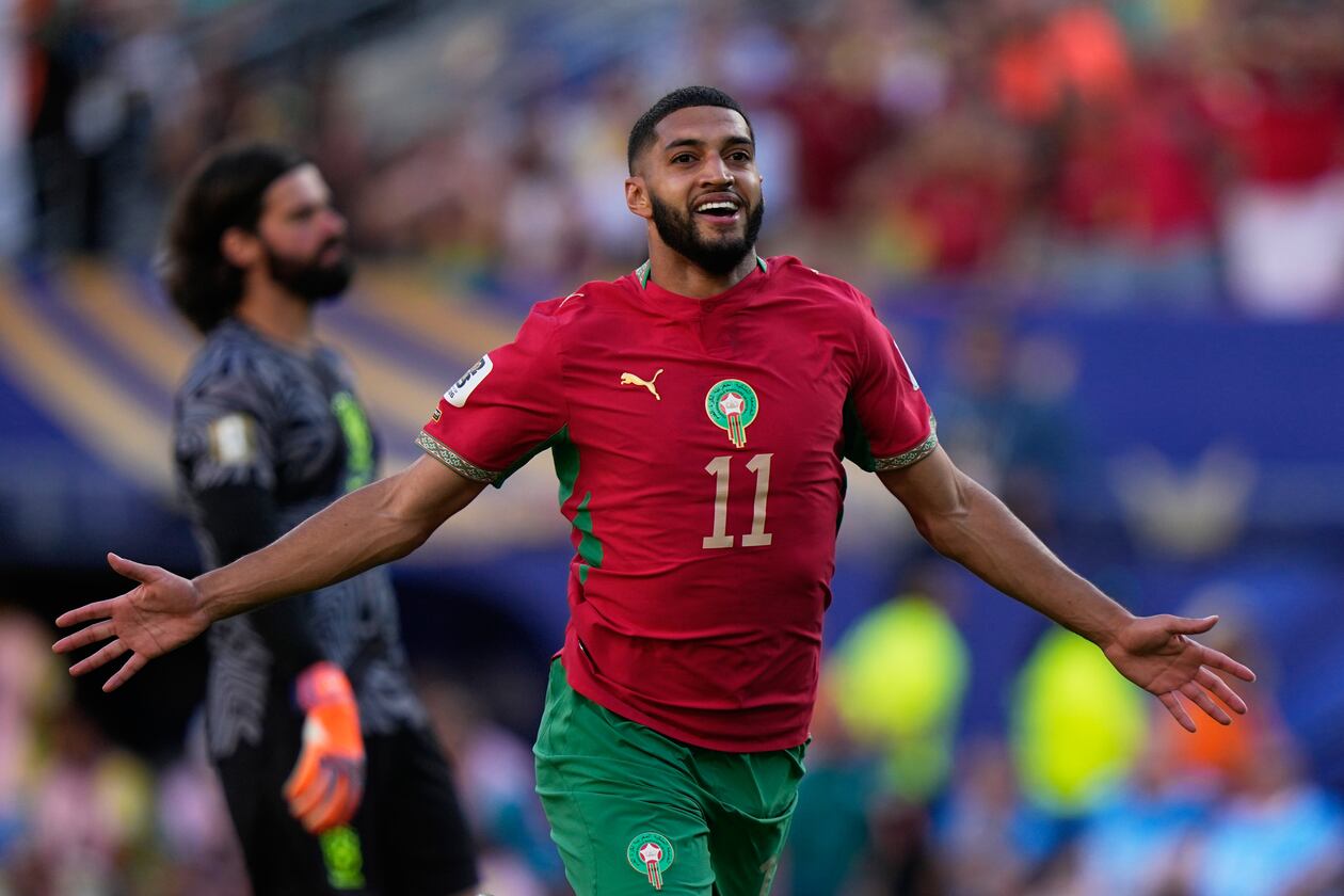 Morocco's Ismael Saibari celebrates scoring his side's opening goal against Brazil during the World Cup Group C soccer match in East Rutherford, N.J., near New York, Saturday, June 13, 2026. (Frank Franklin II/AP)
