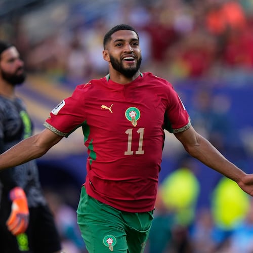 Morocco's Ismael Saibari celebrates scoring his side's opening goal against Brazil during the World Cup Group C soccer match in East Rutherford, N.J., near New York, Saturday, June 13, 2026. (Frank Franklin II/AP)
