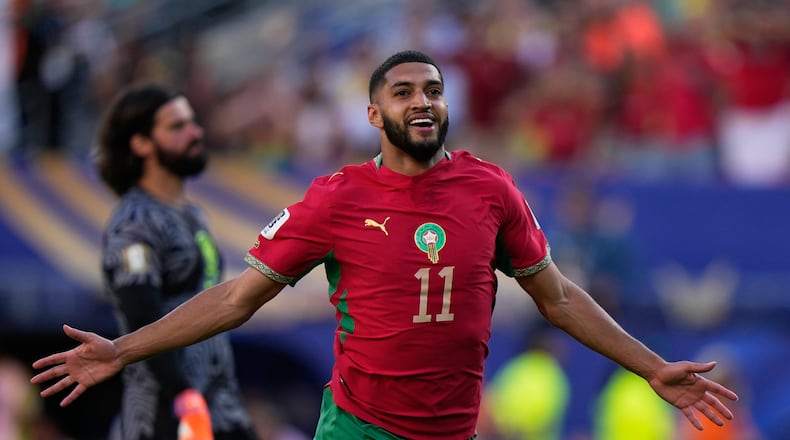 Morocco's Ismael Saibari celebrates scoring his side's opening goal against Brazil during the World Cup Group C soccer match in East Rutherford, N.J., near New York, Saturday, June 13, 2026. (Frank Franklin II/AP)