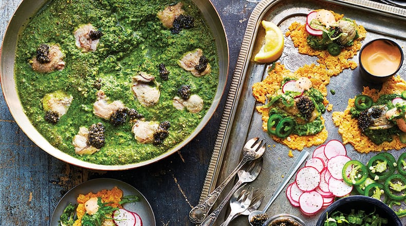 Oysters poached in collard green pesto from Todd Richards' new cookbook 'Soul'. / Courtesy of Time Inc. Books/Caitlin Bensel