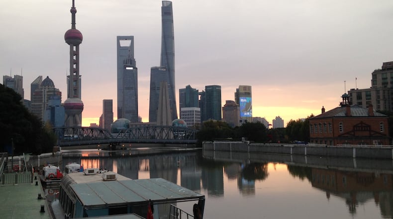 Sunrise over the Huangpu River in Shanghai.