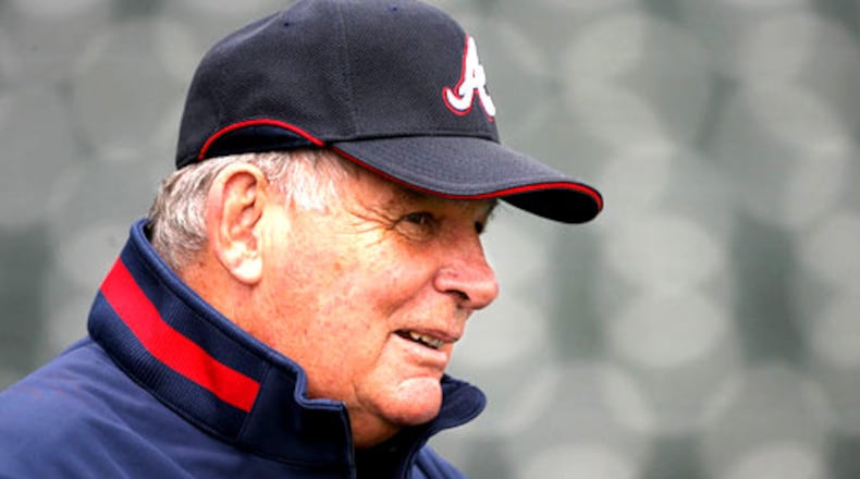 Manager Bobby Cox, pictured watching the Braves work out in 2008, led the Braves to 2,504 wins, 14 straight division championships and a victory in the 1995 World Series. Cox died in May at age 84. (Vino Wong/AJC)