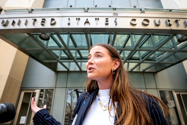 College soccer player Lexi Drumm leaves federal court during a hearing for a landmark $2.8 billion settlement impacting NCAA college athletics on Monday, April 7, 2025, in Oakland, Calif. (AP Photo/Noah Berger)