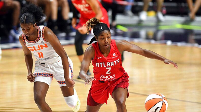 Aari McDonald scored 16 points for the Dream on Sunday night. (Sarah Gordon file photo/The Day via AP)