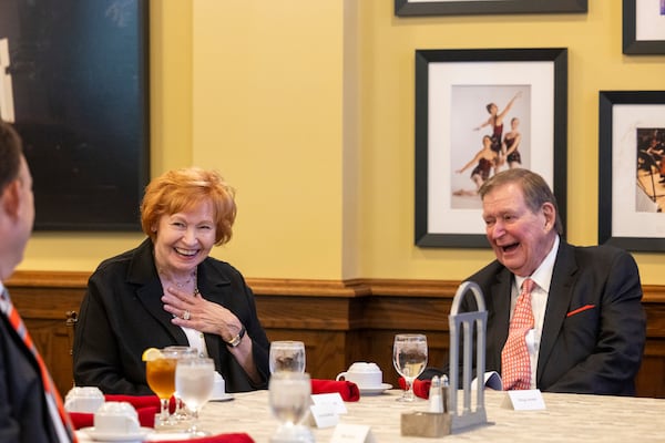Kay Ivester (left) and Doug Ivester share a laugh during an event Friday, April 17, 2026, where it was announced the University of Georgia School of Nursing will be named after Kay Ivester. (Courtesy of Dorothy Kozlowski/UGA)