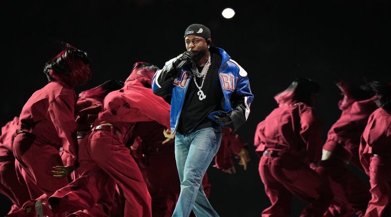 FILE - Kendrick Lamar performs during halftime of the NFL Super Bowl 59 football game between the Kansas City Chiefs and the Philadelphia Eagles, Sunday, Feb. 9, 2025, in New Orleans. (AP Photo/Frank Franklin II, File)