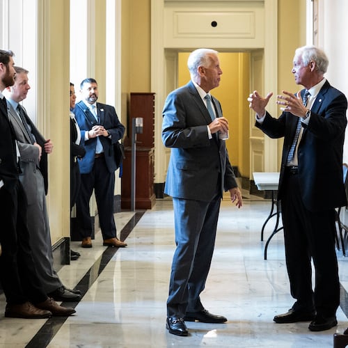 Sen. Thom Tillis (R-N.C.) (center left) speaks with Sen. Ron Johnson (R-Wis.) as they leave a Senate Republican luncheon and the Senate holds a “vote-a-rama” to pass President Donald Trump’s domestic policy bill, on Capitol Hill in Washington, D.C., Monday, June 30, 2025. (Haiyun Jiang/The New York Times)