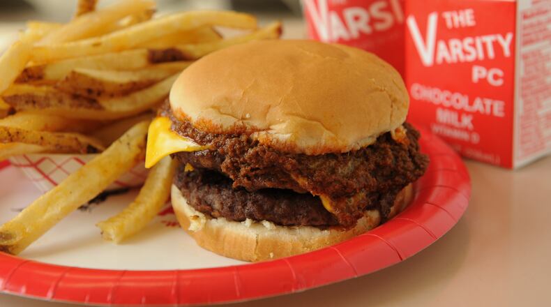 Double chili cheese burger, fries and a Varsity PC (chocolate milk)(Becky Stein Photography)