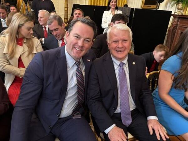 Lt. Gov. Burt Jones and House Speaker Jon Burns are both on the scene at the White House for Trump’s executive order signing as both push for state transgender restrictions that could soon reach Gov. Kemp’s desk. (Greg Bluestein / AJC)