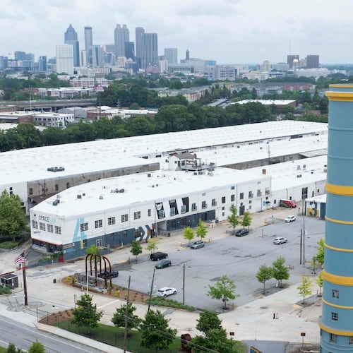 An aerial image shows one of the access points to the MET on Murphy Ave SW on Wednesday, May 17, 2026. City of Atlanta officials say they are looking to partner with Morehouse School of Medicine on a proposed $800 million hospital that would serve residents in the southern part of the city and is slated to be built at MET Atlanta, just south of I-20. (Miguel Martinez/AJC)