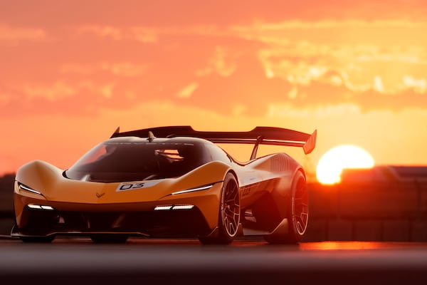 The CX.R Vision Gran Turismo is powered by a midmounted, 2.0-liter twin-turbo DOHC V-8 running on renewable e-fuel that can make up to 900 horsepower at 15,000 rpm. There are also three electric motors to pile on instant torque and help deliver a combined 2,000-horsepower target with all-wheel drive. (Courtesy of Chevrolet)