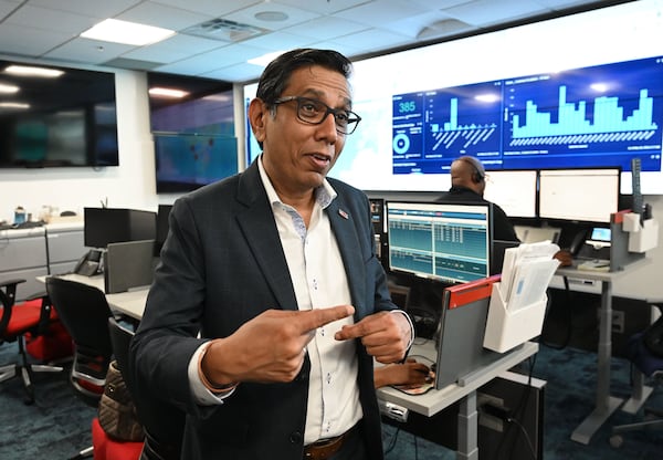Vishal Bhatnagar, managing director of Delta Cargo Operations, speaks in the Delta Air Lines’ cargo control center on Thursday, May 28, 2026, in Atlanta. (Hyosub Shin/AJC)