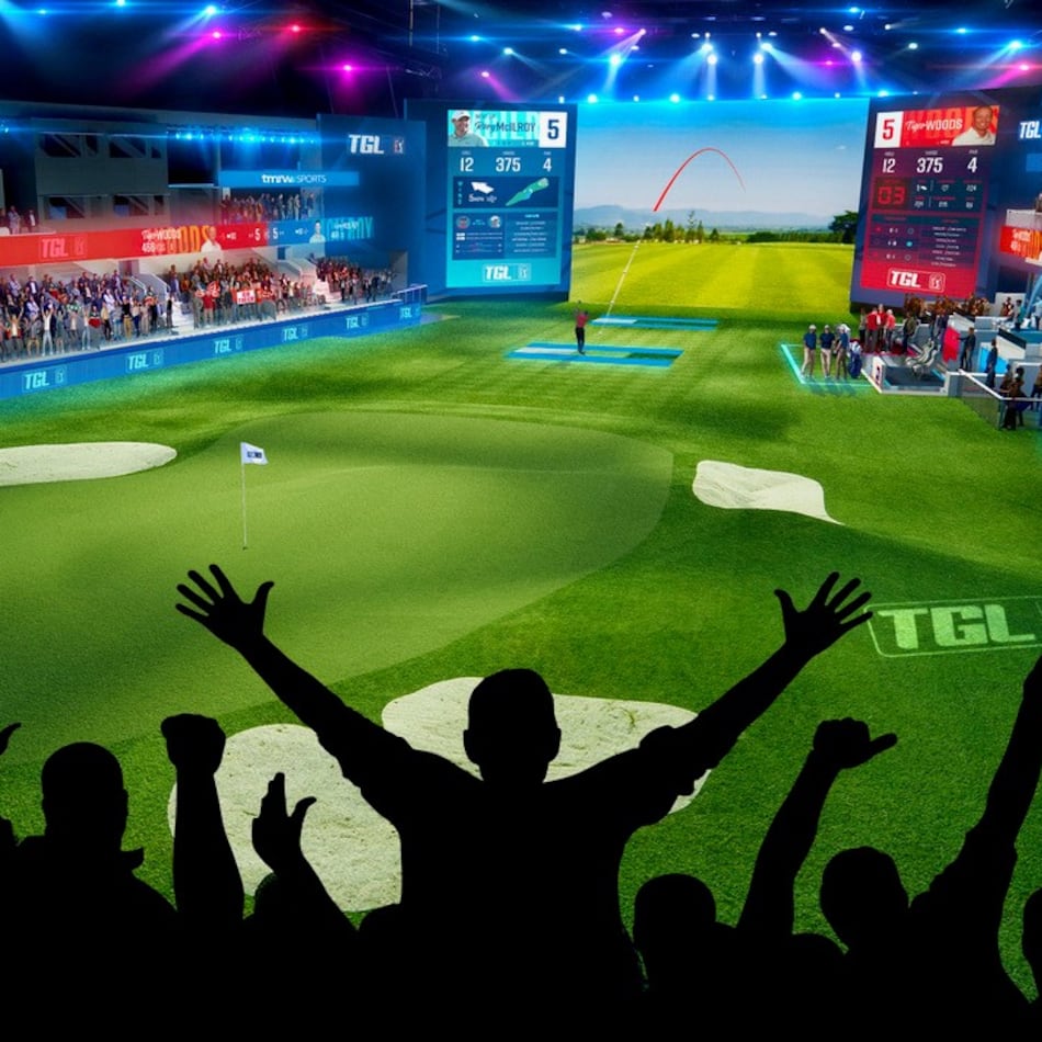 This rendering of a studio being built in Palm Beach, Fla., shows what the studio audience will see during a TGL competition. (TGL)