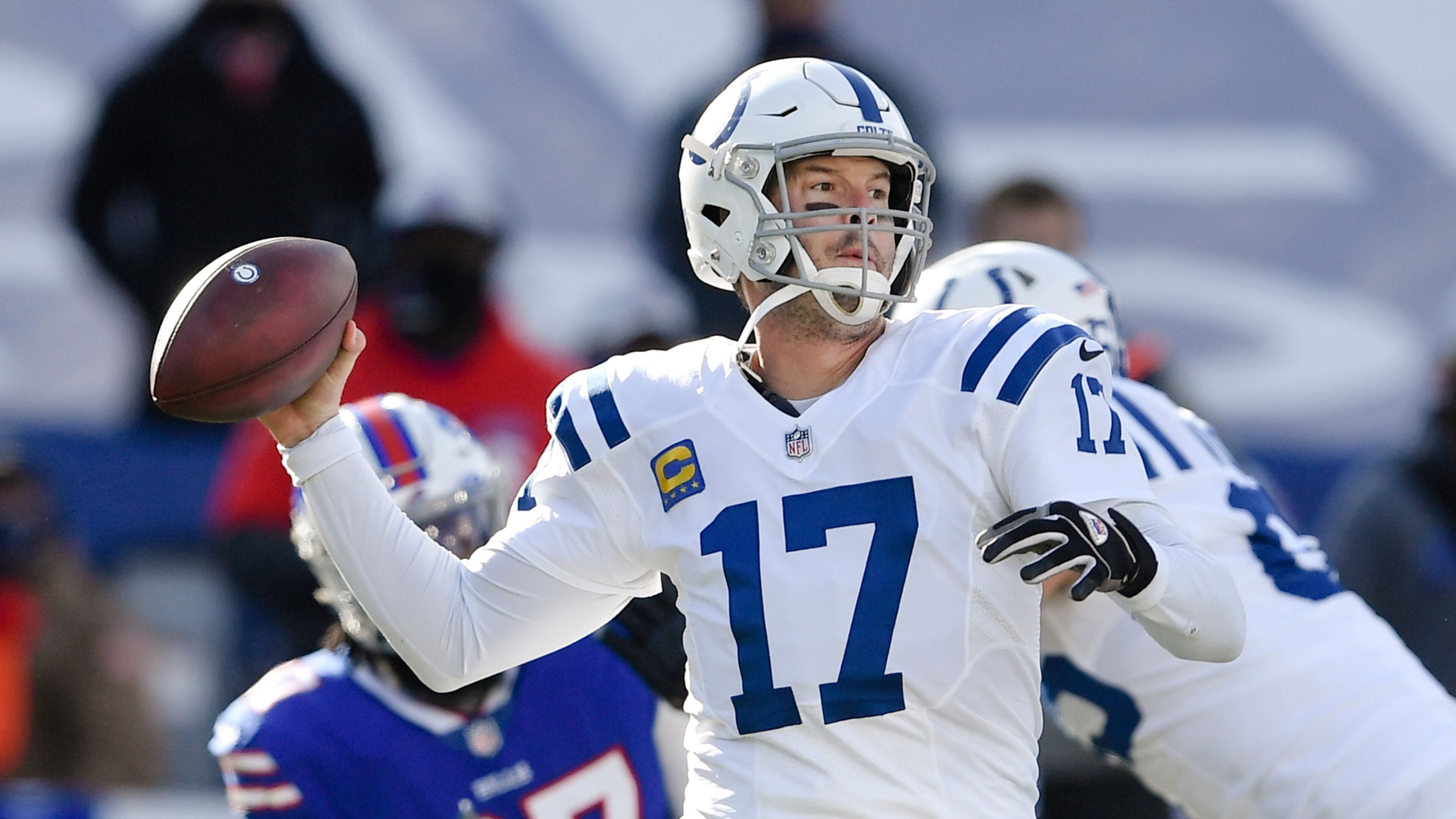FILE - Indianapolis Colts quarterback Philip Rivers (17) throws a pass during the first half of an NFL wild-card playoff football game against the Buffalo Bills, Saturday, Jan. 9, 2021, in Orchard Park, N.Y. (AP Photo/Adrian Kraus, File)