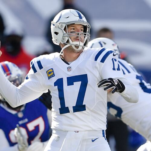FILE - Indianapolis Colts quarterback Philip Rivers (17) throws a pass during the first half of an NFL wild-card playoff football game against the Buffalo Bills, Saturday, Jan. 9, 2021, in Orchard Park, N.Y. (AP Photo/Adrian Kraus, File)