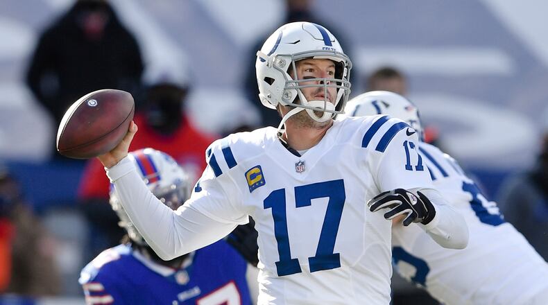 FILE - Indianapolis Colts quarterback Philip Rivers (17) throws a pass during the first half of an NFL wild-card playoff football game against the Buffalo Bills, Saturday, Jan. 9, 2021, in Orchard Park, N.Y. (AP Photo/Adrian Kraus, File)