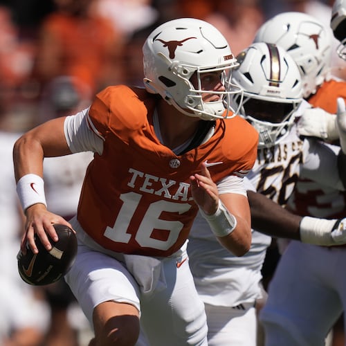 Texas quarterback Arch Manning (16) scrambles against Texas State during the first half of an NCAA college football game in Austin, Texas, Saturday, Sept. 5, 2026. (AP Photo/Eric Gay)