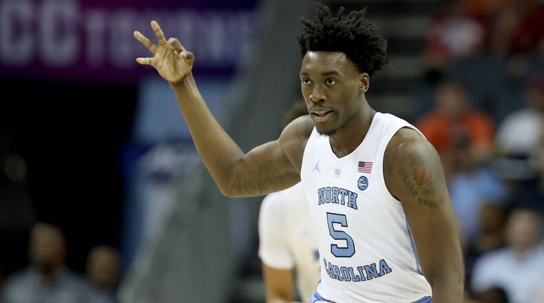Nassir Little of the North Carolina Tar Heels reacts after a three pointer against the Louisville Cardinals during their game in the quarterfinal round of the 2019 Men's ACC Basketball Tournament at Spectrum Center on March 14, 2019 in Charlotte, North Carolina. (Photo by Streeter Lecka/Getty Images)