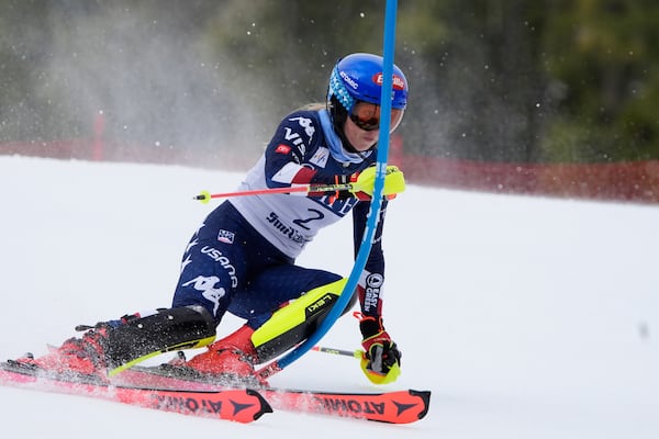 United States' Mikaela Shiffrin skis during a women's slalom run at the World Cup Finals, Thursday, March 27, 2025, in Sun Valley, Idaho. (AP Photo/John Locher)
