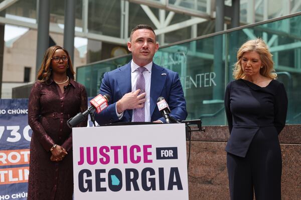 Georgia Court of Appeals candidate Will Wooten speaks during a news conference on voting rights outside of the Fulton County Government Center last week. (Arvin Temkar/AJC)