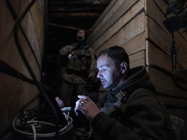 In this photo provided by Ukraine's 93rd Kholodnyi Yar Separate Mechanized Brigade press service, a soldier operates an FPV drone from a shelter in Kostyantynivka, the site of the heavy battles with the Russian troops in the Donetsk region, Ukraine, Thursday, April 24, 2025. (Iryna Rybakova/Ukraine's 93rd Mechanized Brigade via AP)