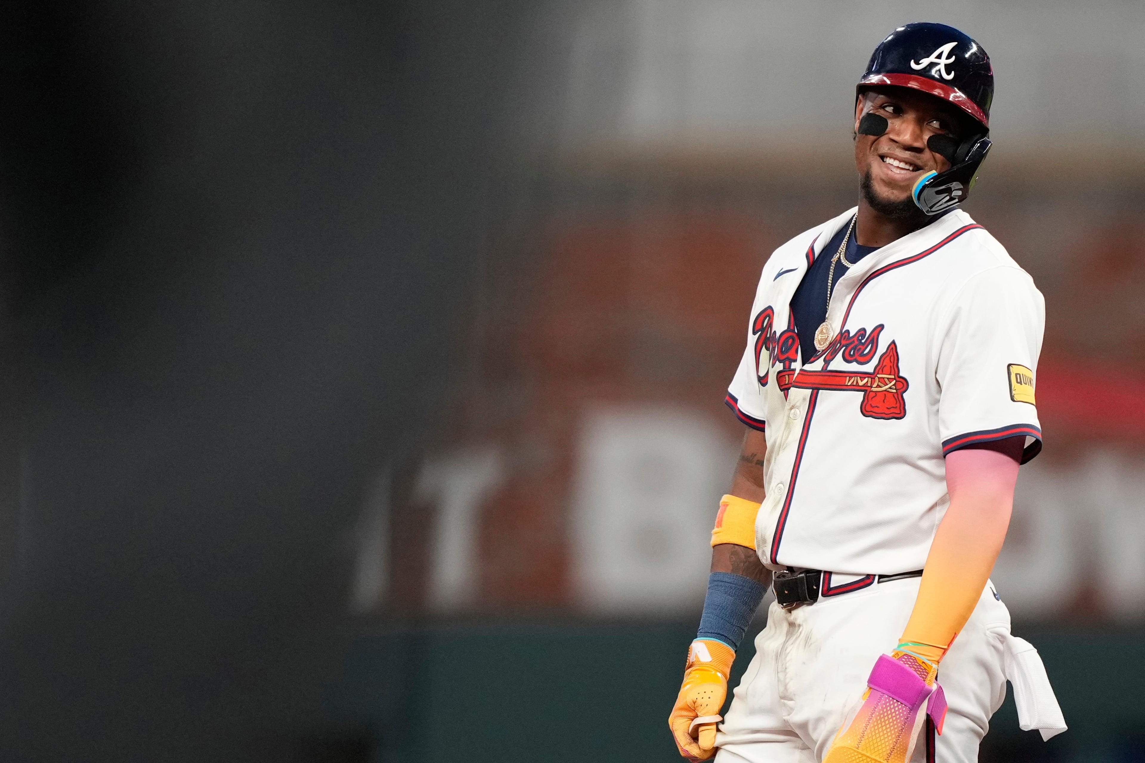 Braves outfielder Ronald Acuña Jr. smiles during a baseball game against the New York Mets on Tuesday, June 17, 2025, in Atlanta. (Brynn Anderson/AP)