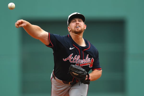 Atlanta Braves' Spencer Schwellenbach delivers a pitch to a Boston Red Sox batter in the first inning of a baseball game, Sunday, May 18, 2025, in Boston. (AP Photo/Steven Senne)
