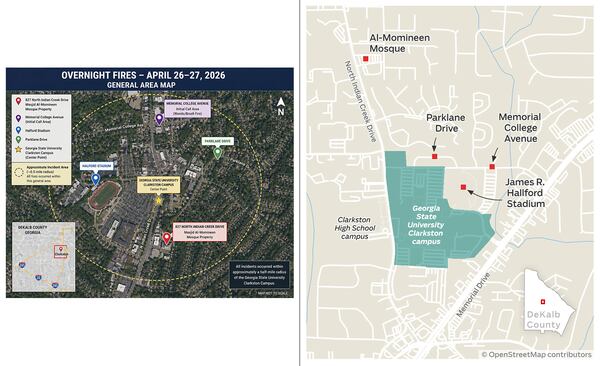 At left is the map supplied by DeKalb County officials to news organizations amid a recent arson investigation. At right is the map created by the AJC's Pete Corson based on the locations of the fires and Georgia State University's Clarkston Campus. (Courtesy of DeKalb County; Pete Corson/AJC)
