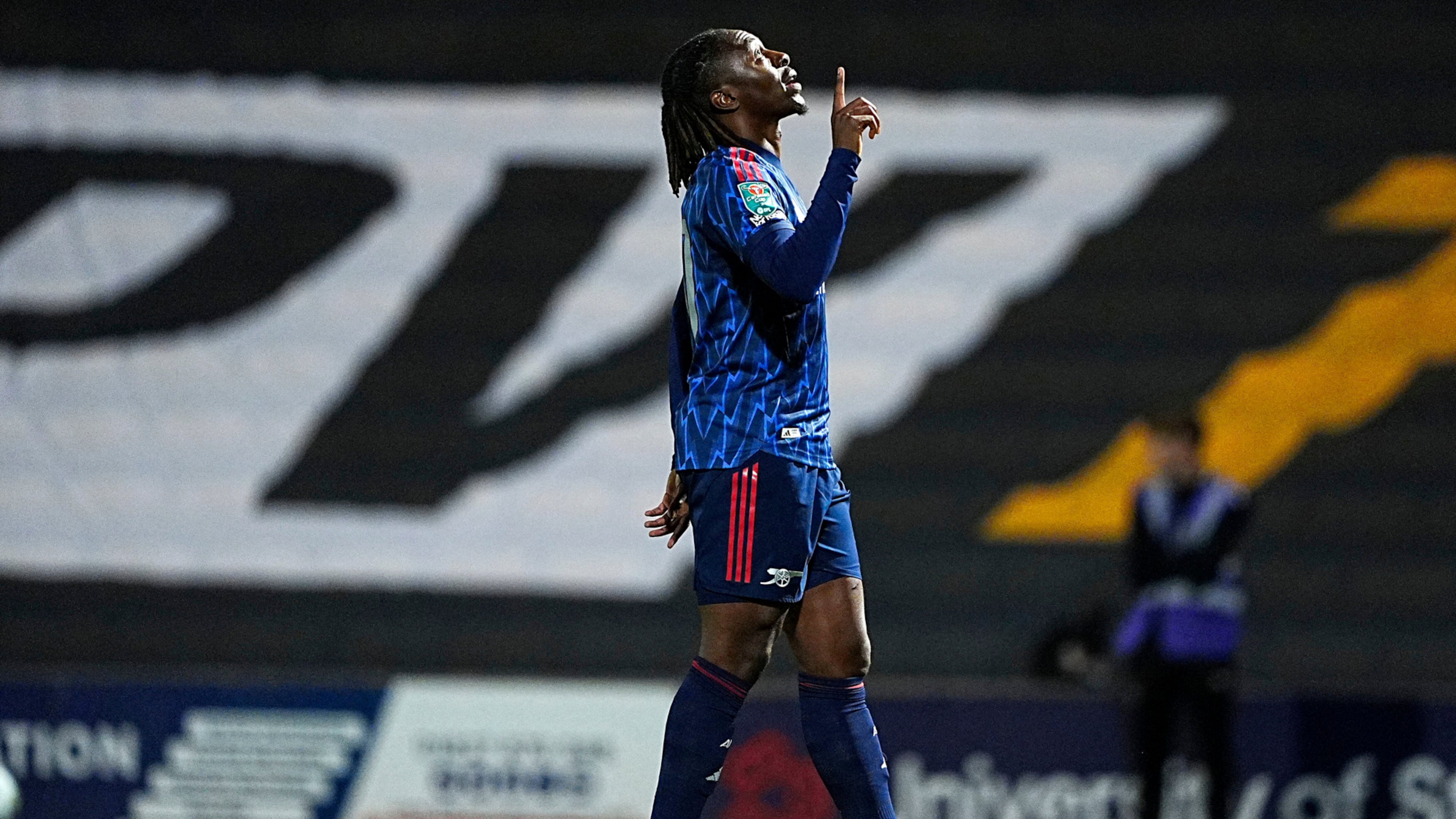 Arsenal's Eberechi Eze celebrates scoring their side's first goal of the game during the English League cup third round soccer match between Port Vale and Arsenal at Vale Park, Stoke-on-Trent, England, Wednesday, Sept. 24, 2025. (Peter Byrne/PA via AP)