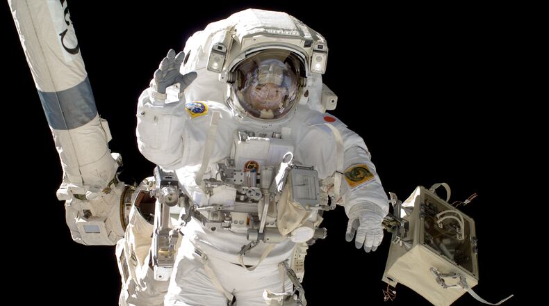 IN SPACE - SEPTEMBER 5: In this handout from NASA, Japan Aerospace Exploration Agency astronaut Aki Hoshide, Expedition 32 flight engineer, participates in the mission?s third session of extravehicular activity (EVA outside the International Space Station September 5, 2012 in Space. (Photo by NASA via Getty Images)