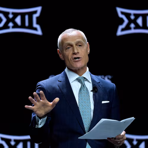 FILE - Big 12 Commissioner Brett Yormark addresses the media during the NCAA college Big 12 women's basketball media day, Oct. 22, 2024, in Kansas City, Mo. (AP Photo/Charlie Riedel, File)