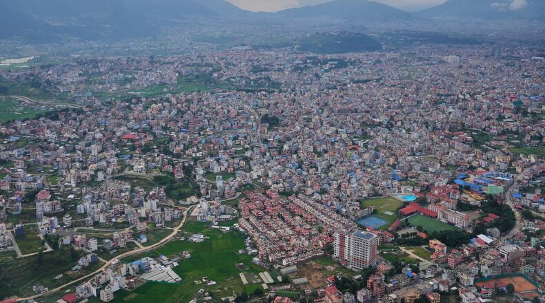 An aerial view shows the city of Kathmandu, Nepal, Friday, Aug. 28, 2026. (AP Photo/Dar Yasin)