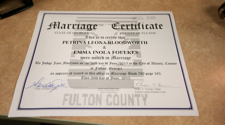 The first same-sex marriage certificate issued in Fulton County, and possibly in Georgia. Ben Gray, bgray@ajc.com