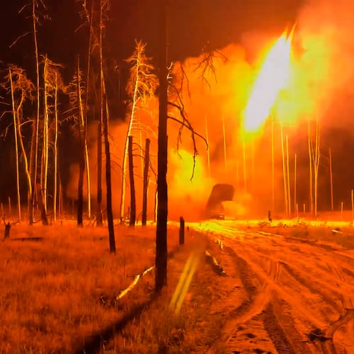 In this image made from video provided by Russian Defense Ministry Press Service on Tuesday, June 30, 2026, Russian TOS-1 Solntsepyok heavy flamethrower rocket launcher fires towards the Ukrainian positions. (Russian Defense Ministry Press Service via AP)