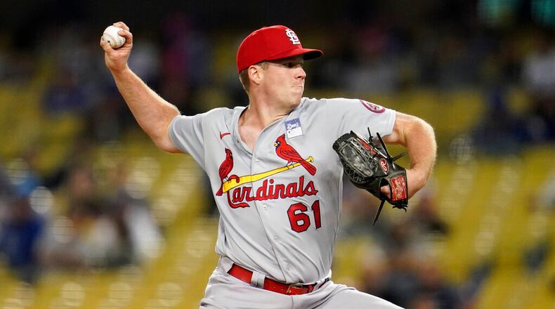 St. Louis Cardinals' Seth Elledge throws during a baseball game against the Los Angeles Dodgers Wednesday, June 2, 2021, in Los Angeles. (AP Photo/Marcio Jose Sanchez)