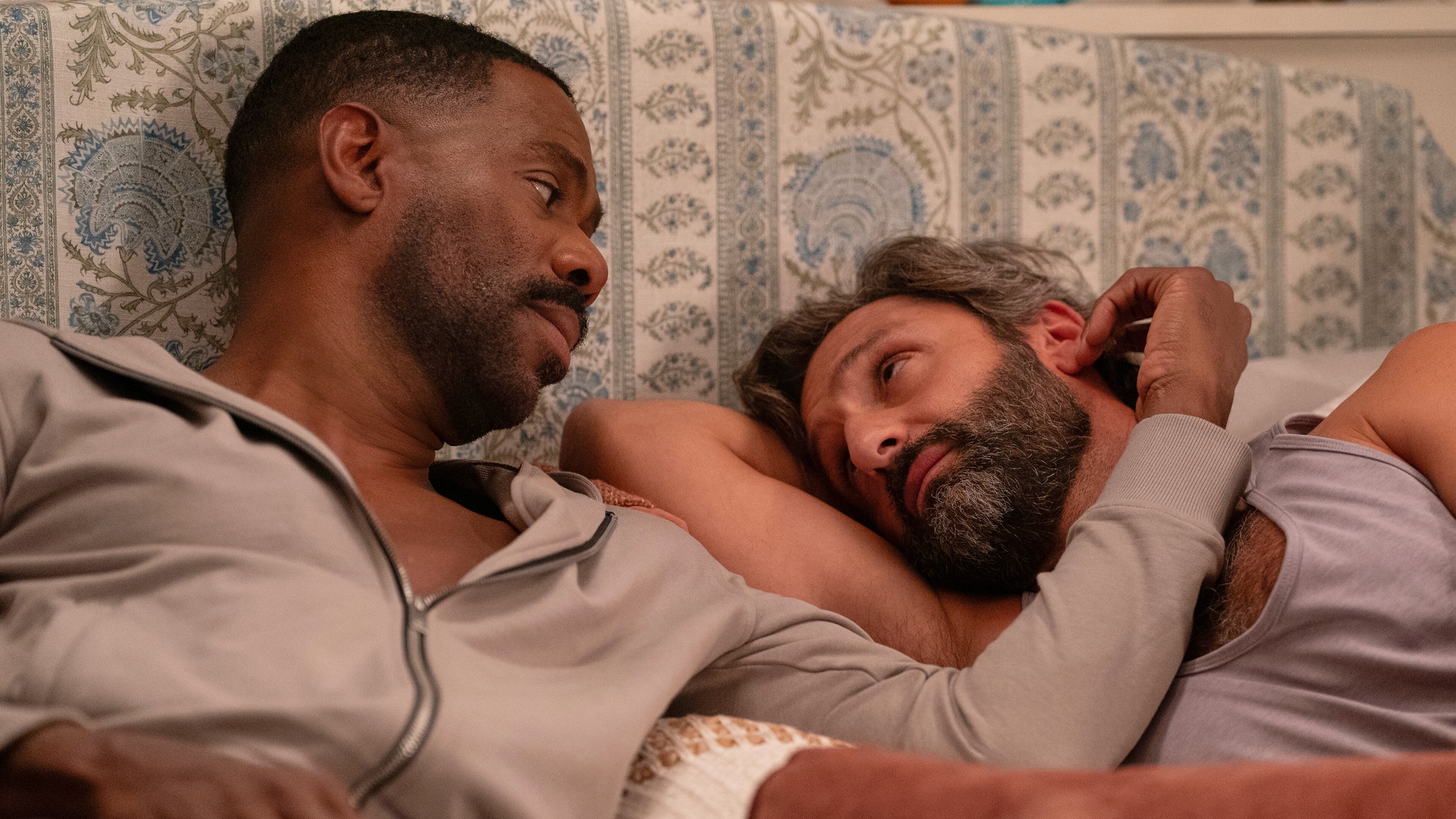 This image released by Netflix shows Colman Domingo, left, and Marco Calvani in a scene from "The Four Seasons." (Jon Pack/Netflix via AP)