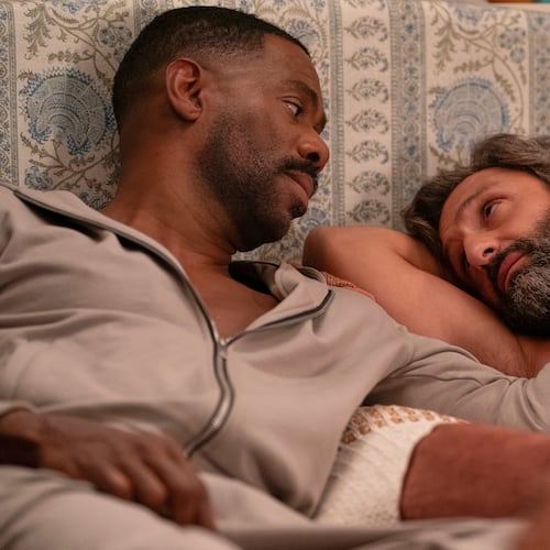This image released by Netflix shows Colman Domingo, left, and Marco Calvani in a scene from "The Four Seasons." (Jon Pack/Netflix via AP)