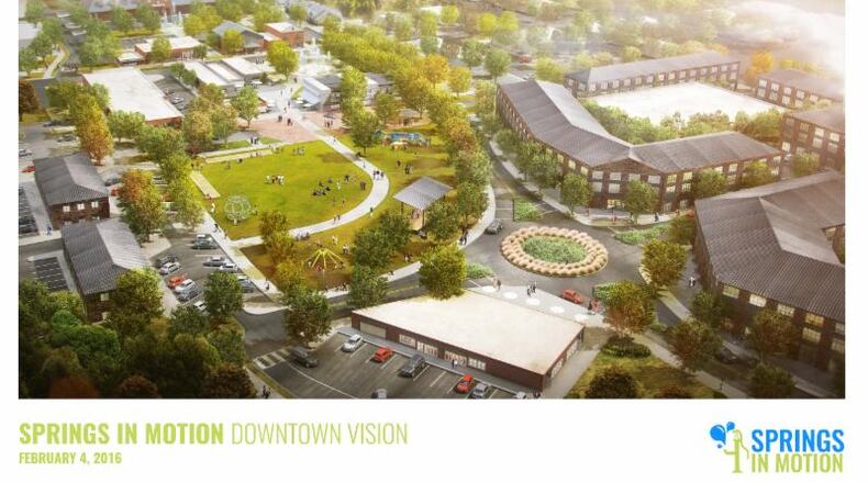 One idea for downtown redevelopment in Powder Springs would involve adding multi-family development near the roundabout to attract restaurants and other businesses. Courtesy of Powder Springs