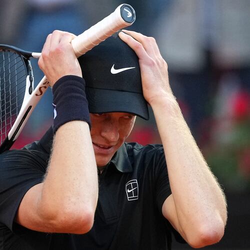 Jannik Sinner, of Italy, reacts after defeating Casper Ruud, of Norway, 6/4, 6/4 in the final match at the Italian Open tennis tournament, in Rome, Sunday, May 17, 2026. (AP Photo/Andrew Medichini)