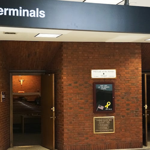 Our Lady of the Airways, a Catholic chapel that has ministered to airport workers and travelers since the mid-20th century, is seen at Logan International Airport in Boston on Friday, Aug. 29, 2025. (AP Photo/Giovanna Dell'Orto)